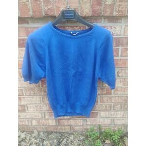 Vtg 90s Royal Blue Knit Sweater Top Combed Cotton Short Sleeve USA Made Sz M